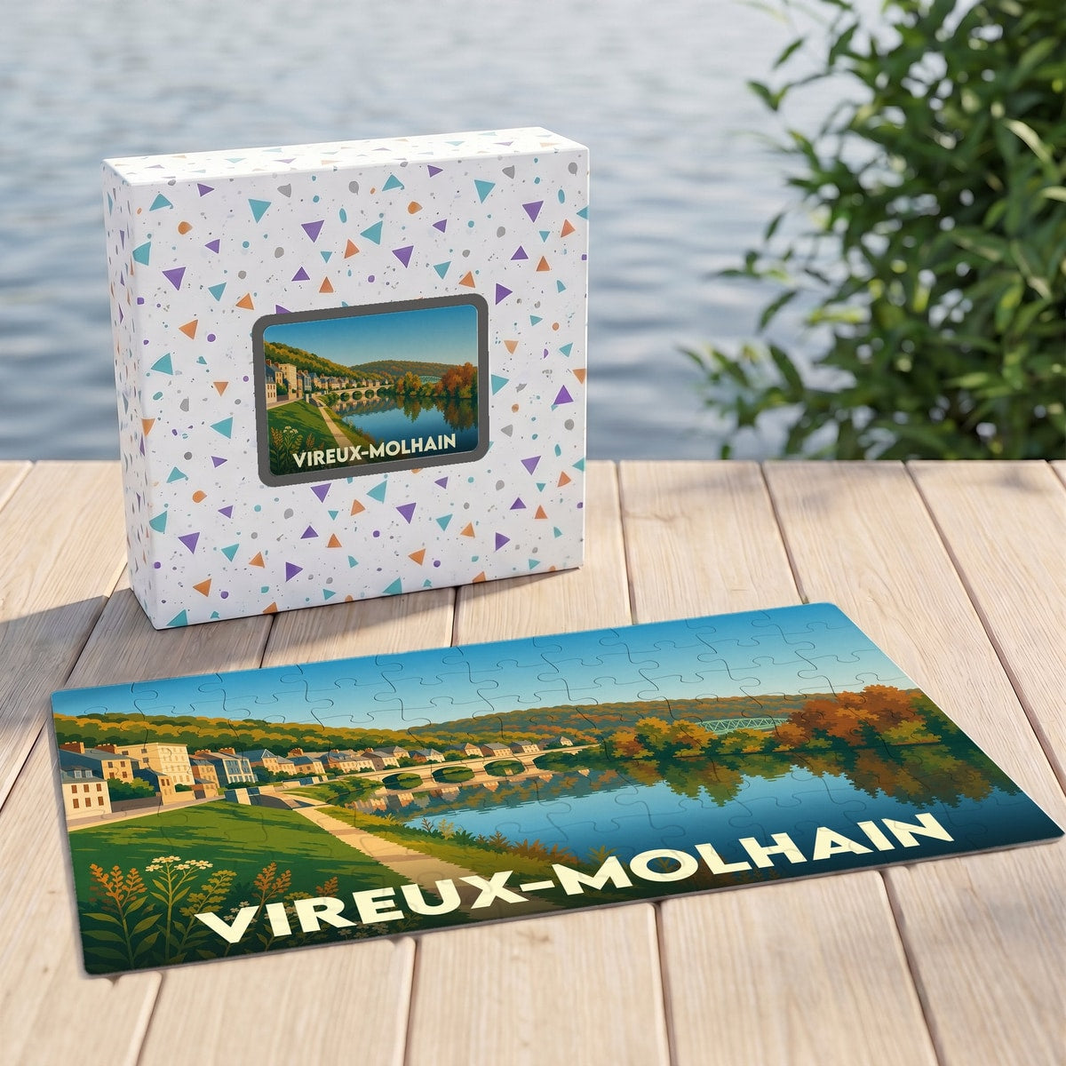 Puzzle souvenir de la ville de Vireux-Molhain illustrant un paysage fluvial paisible et coloré.