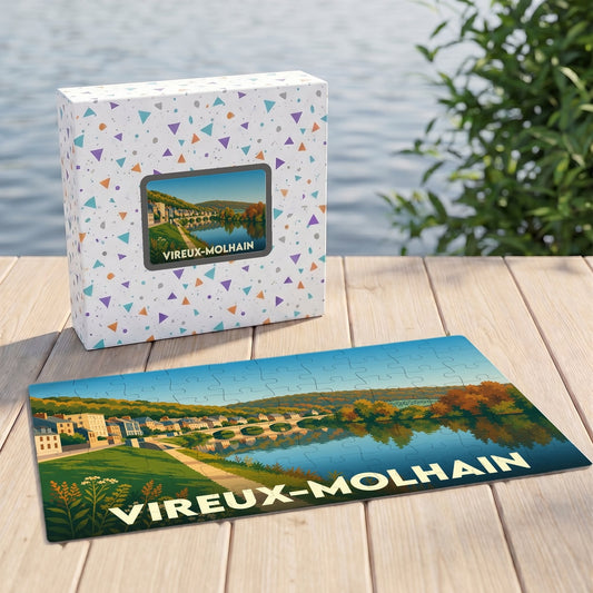 Puzzle souvenir de la ville de Vireux-Molhain illustrant un paysage fluvial paisible et coloré.