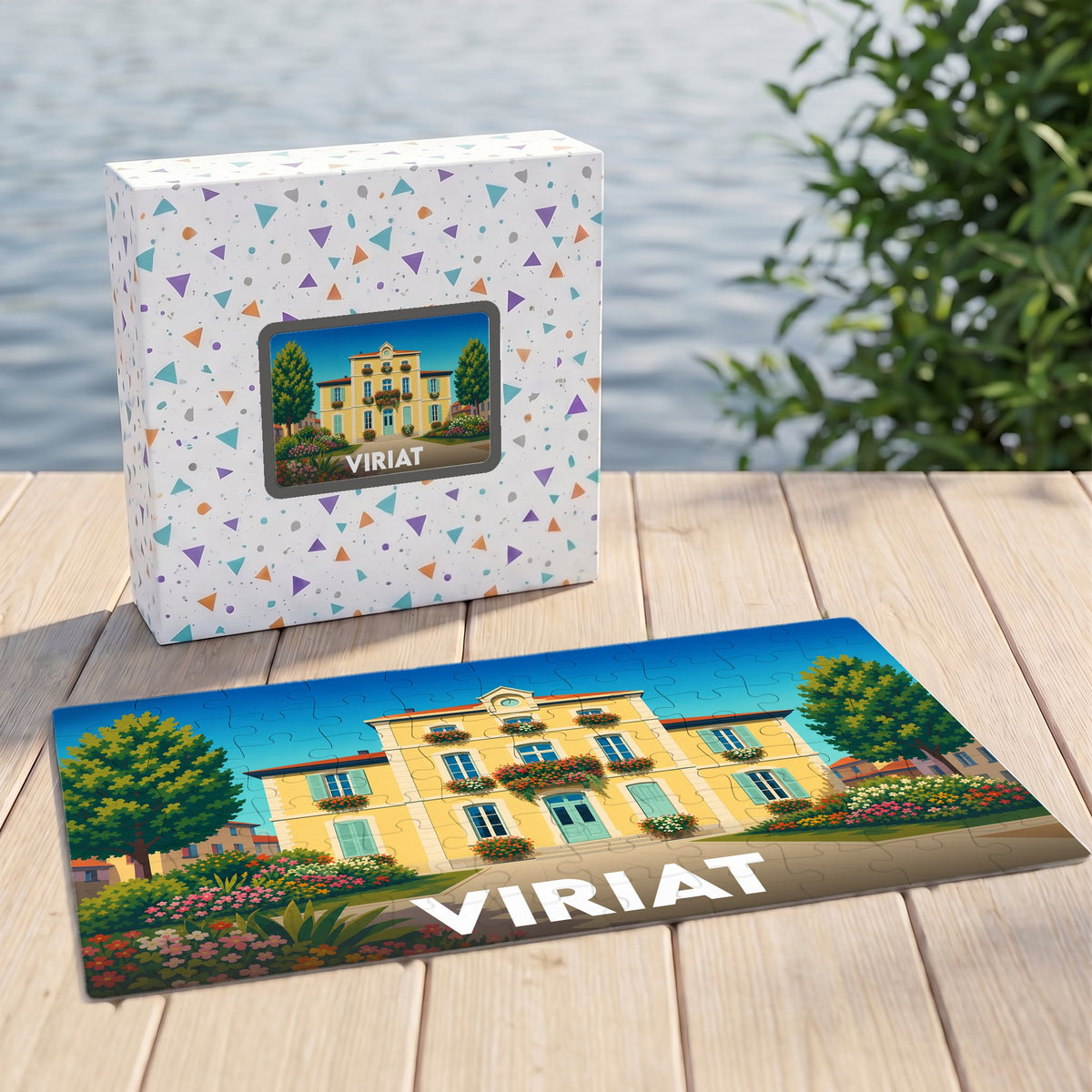 Puzzle souvenir de la ville de Viriat avec une illustration colorée de sa mairie.