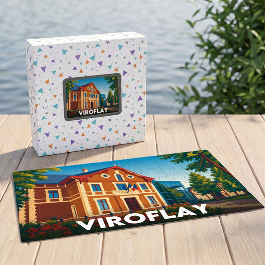 Puzzle souvenir de la ville de Viroflay avec une illustration colorée de son architecture.