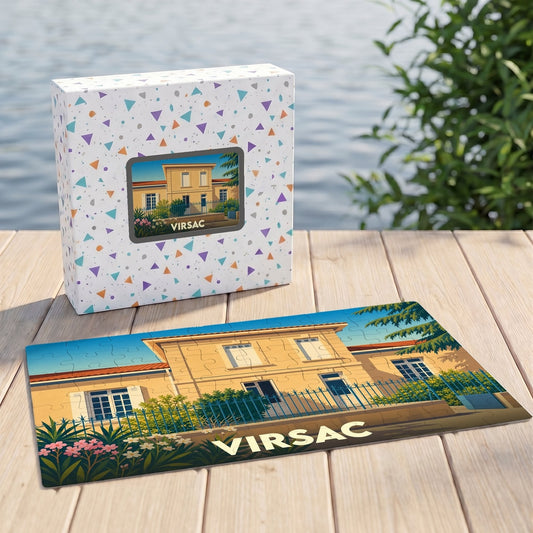 Puzzle souvenir de la ville de Virsac avec une illustration stylisée d'un bâtiment ensoleillé.
