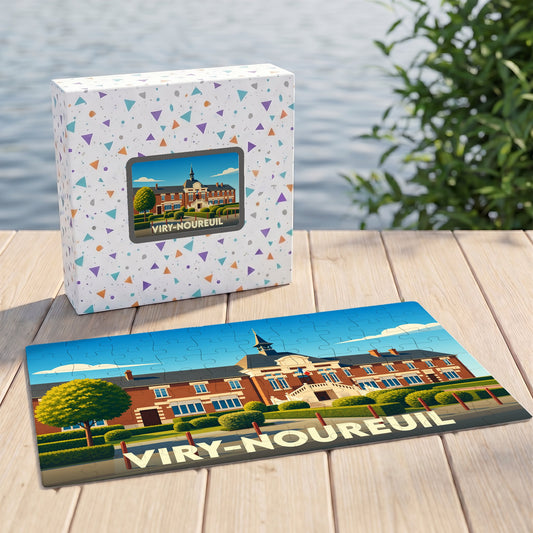Puzzle souvenir de la ville de Viry-Noureuil avec une illustration stylisée.