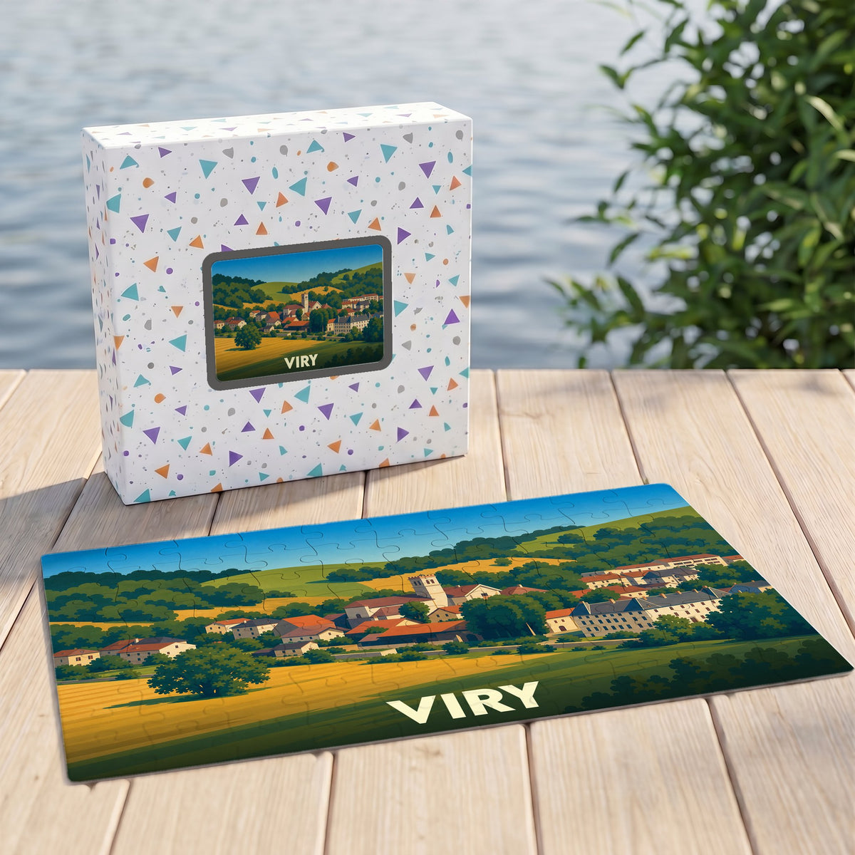 Puzzle souvenir de la ville de Viry avec une illustration stylisée d'un paysage champêtre.