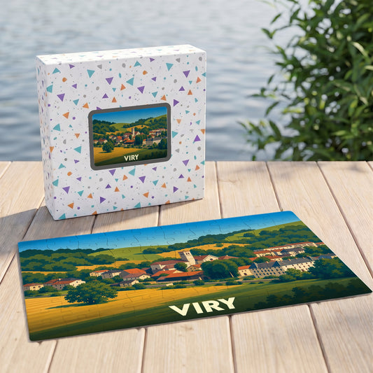 Puzzle souvenir de la ville de Viry avec une illustration stylisée d'un paysage champêtre.