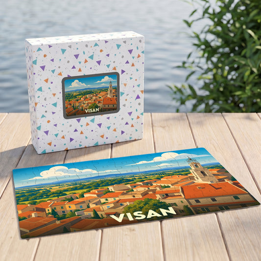 Puzzle souvenir de la ville de Visan avec une illustration colorée et stylisée de ses toits provençaux.