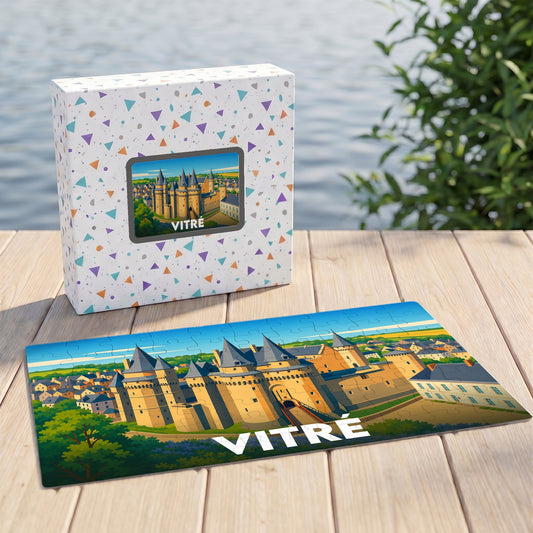 Puzzle souvenir de la ville de Vitré avec une illustration stylisée de son château médiéval.