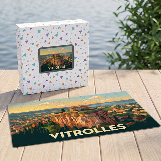 Puzzle souvenir de la ville de Vitrolles avec une illustration stylisée de son rocher.