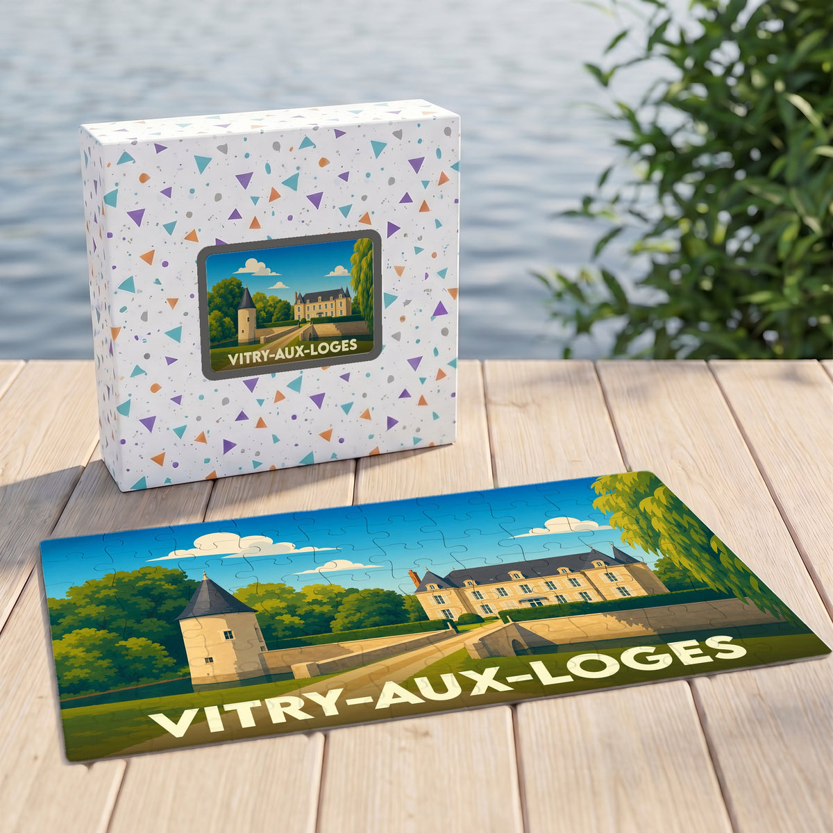 Puzzle souvenir de la ville de Vitry-aux-Loges avec une illustration stylisée de son patrimoine.