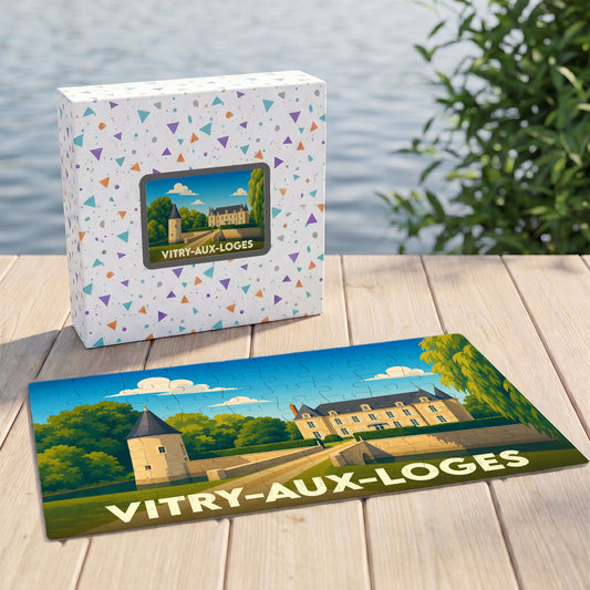 Puzzle souvenir de la ville de Vitry-aux-Loges avec une illustration stylisée de son patrimoine.