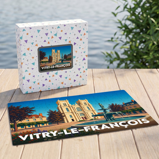 Puzzle souvenir de la ville de Vitry-le-François avec une illustration stylisée de sa place centrale.