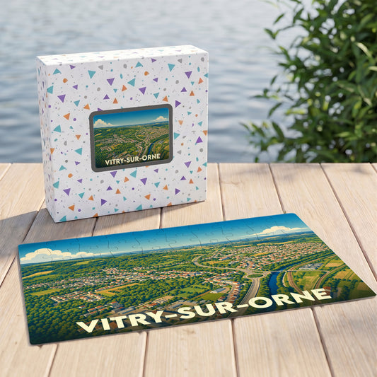 Puzzle souvenir de la ville de Vitry-sur-Orne avec une illustration aérienne colorée et stylisée.