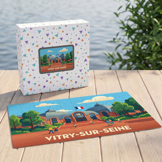 Puzzle souvenir de la ville de Vitry-sur-Seine avec son coffret et une illustration stylisée d'un bâtiment emblématique.
