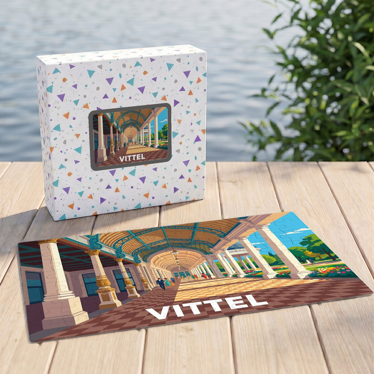 Puzzle souvenir de la ville de Vittel avec une illustration stylisée de sa célèbre galerie thermale.