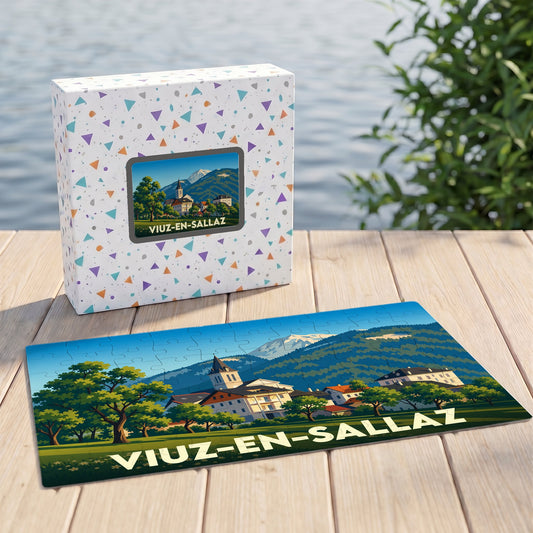 Puzzle souvenir de la ville de Viuz-en-Sallaz avec une illustration stylisée d'un paysage montagneux.