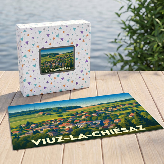 Puzzle souvenir de la ville de Viuz-la-Chiésaz avec une illustration panoramique stylisée du village.