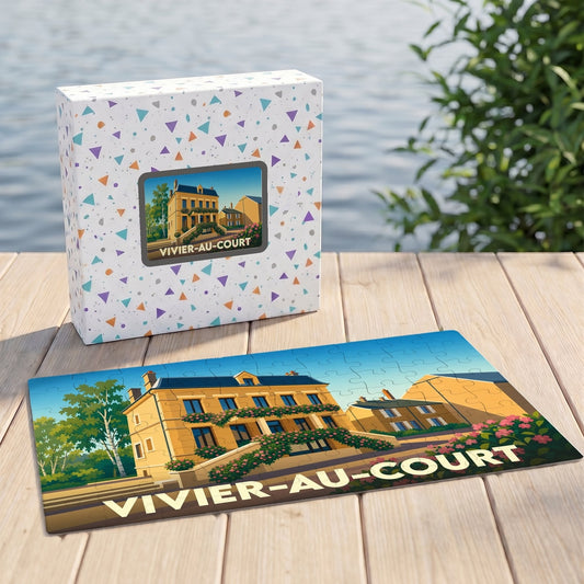 Puzzle souvenir de la ville de Vivier-au-Court avec une illustration stylisée d'un bâtiment fleuri.