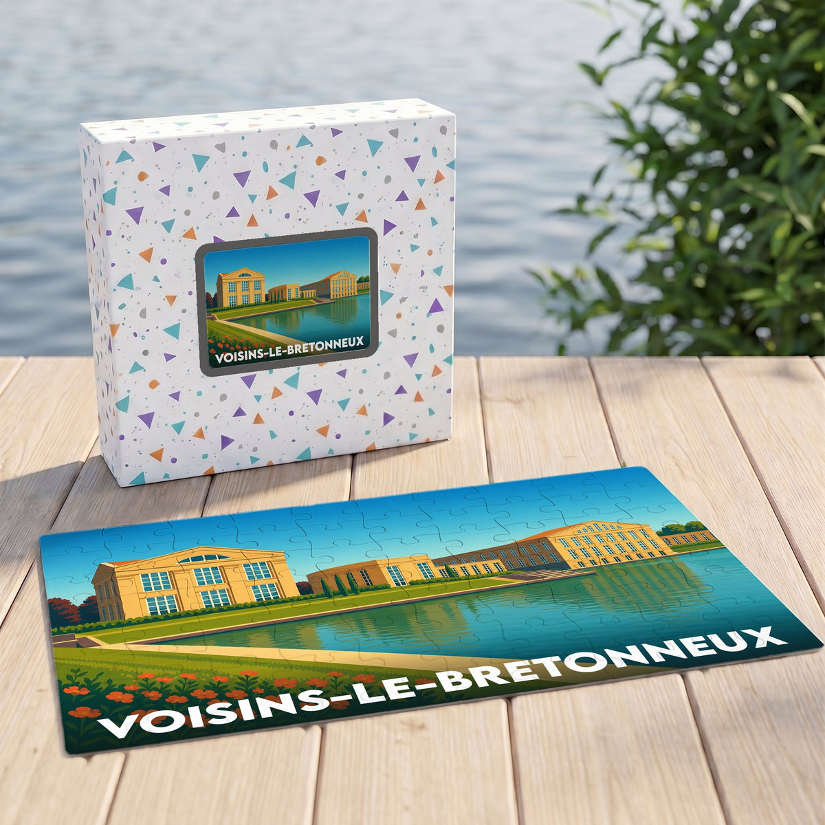 Puzzle souvenir de la ville de Voisins-le-Bretonneux illustrant ses bâtiments emblématiques au bord de l'eau dans un style graphique épuré.