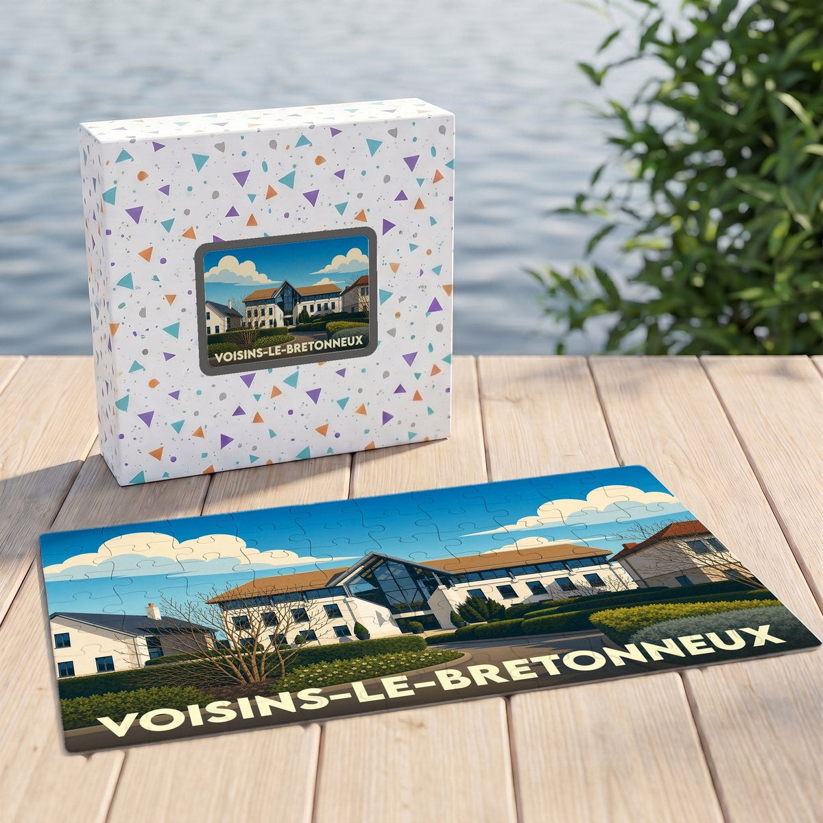 Puzzle souvenir de la ville de Voisins-le-Bretonneux avec une illustration stylisée de son architecture.