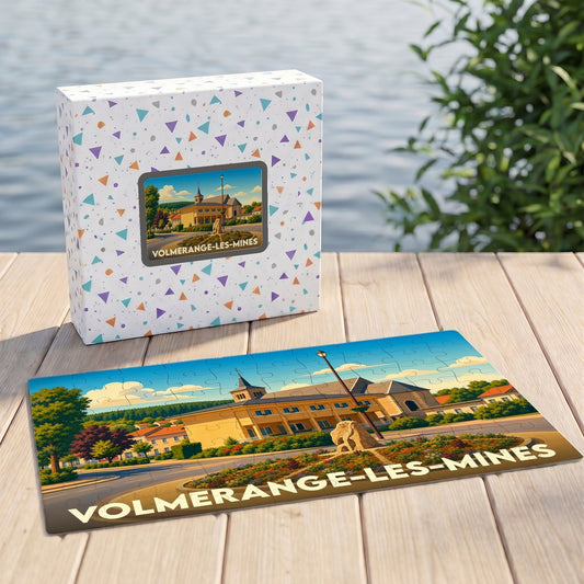Puzzle souvenir de la ville de Volmerange-les-Mines avec une illustration stylisée de son paysage urbain.