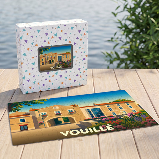 Puzzle souvenir de la ville de Vouillé avec une illustration stylisée d'un bâtiment historique et de son jardin fleuri.