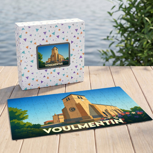 Puzzle souvenir de la ville de Voulmentin avec une illustration stylisée de son église.