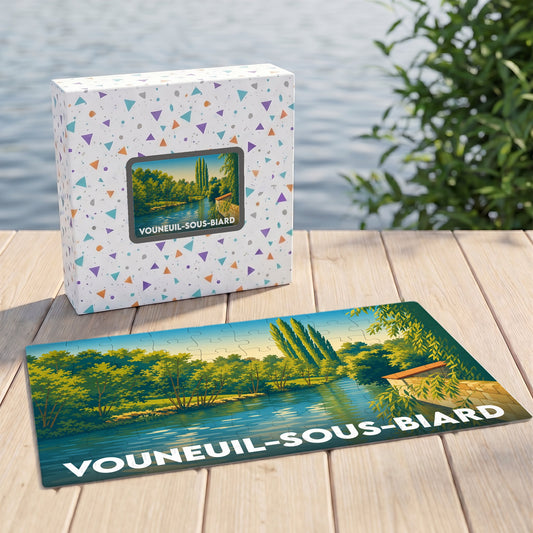 Puzzle souvenir de la ville de Vouneuil-sous-Biard représentant un paysage de rivière illustré.