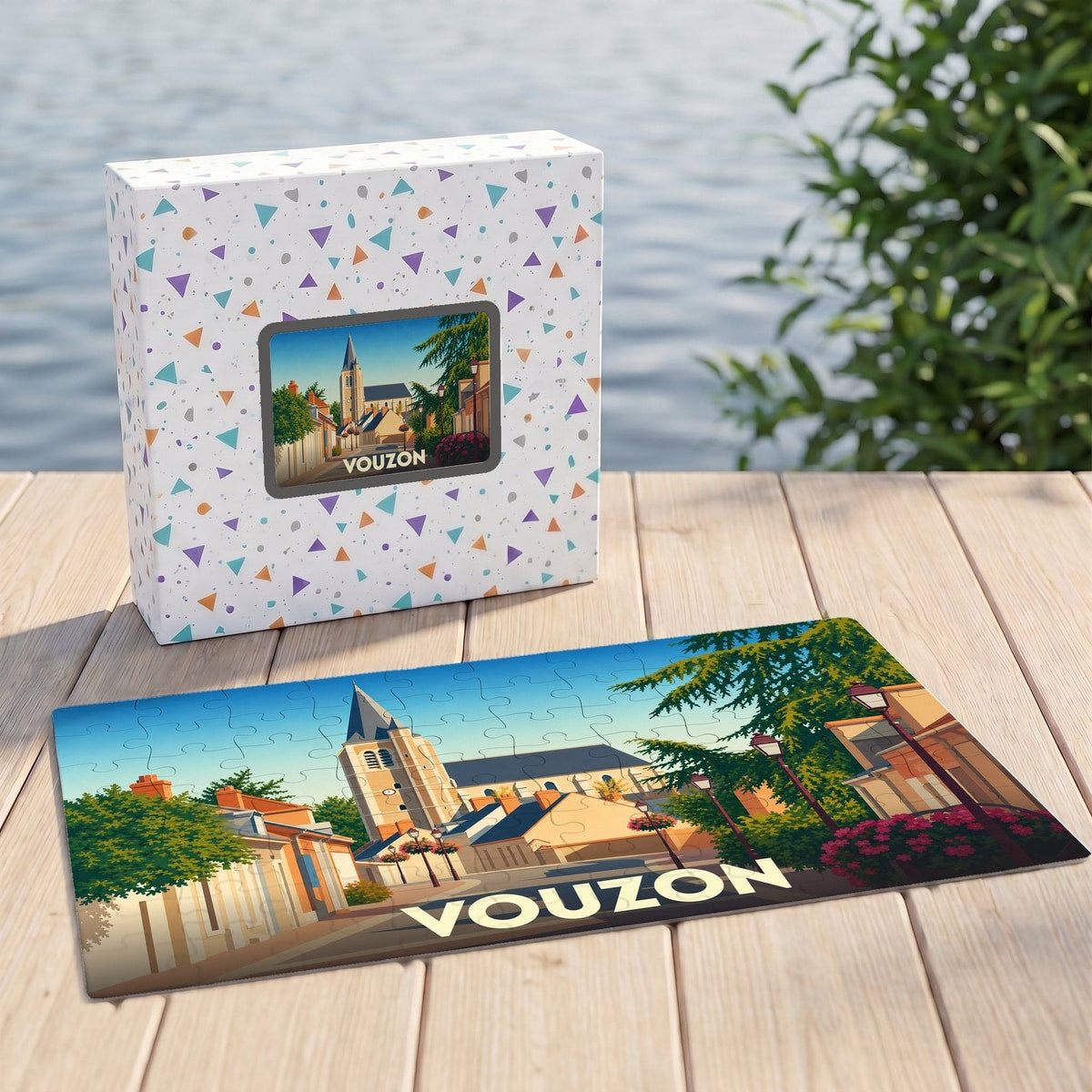 Puzzle souvenir de la ville de Vouzon avec une illustration stylisée et sa boîte assortie.