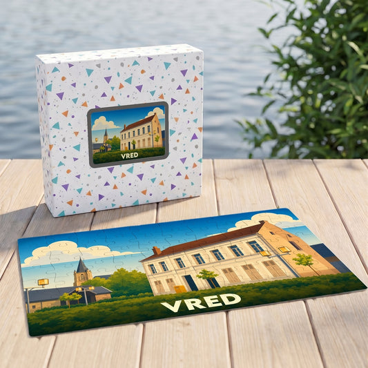 Puzzle souvenir de la ville de Vred avec une illustration stylisée d'un bâtiment remarquable.