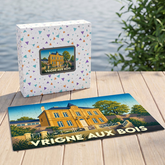 Puzzle souvenir de la ville de Vrigne aux Bois avec une illustration stylisée d'un manoir.