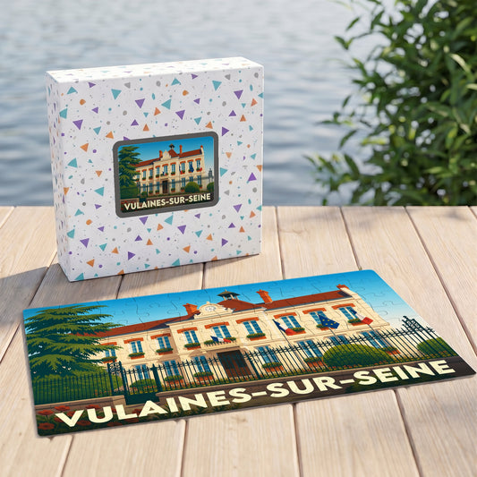 Puzzle souvenir de la ville de Vulaines-sur-Seine avec une illustration stylisée de sa mairie.
