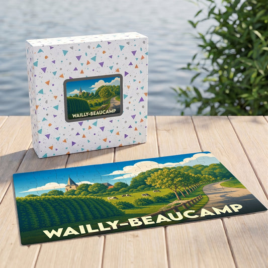 Puzzle souvenir de la ville de Wailly-Beaucamp avec une illustration de paysage champêtre.