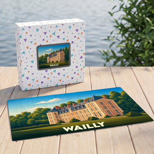 Puzzle souvenir de la ville de Wailly avec une illustration stylisée d'un château.