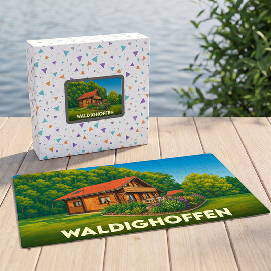 Puzzle souvenir de la ville de Waldighoffen représentant un chalet niché dans un paysage verdoyant.