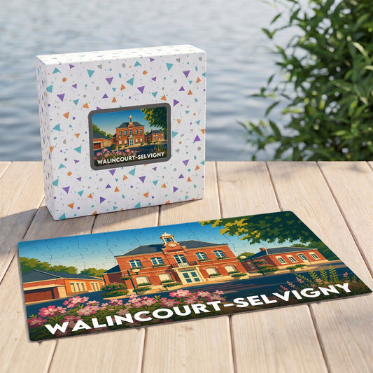 Puzzle souvenir de la ville de Walincourt-Selvigny avec une illustration stylisée de sa mairie.