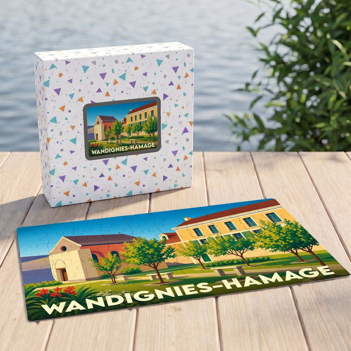 Puzzle souvenir de la ville de Wandignies-Hamage avec une illustration stylisée et colorée.