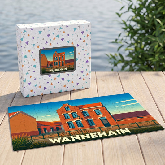 Puzzle souvenir de la ville de Wannehain avec une illustration stylisée de bâtiments locaux.