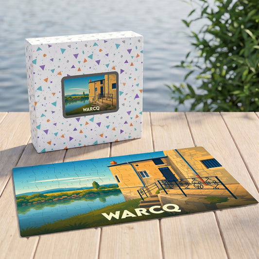 Puzzle souvenir de la ville de Warcq avec une illustration stylisée d'un paysage en bord de l'eau.