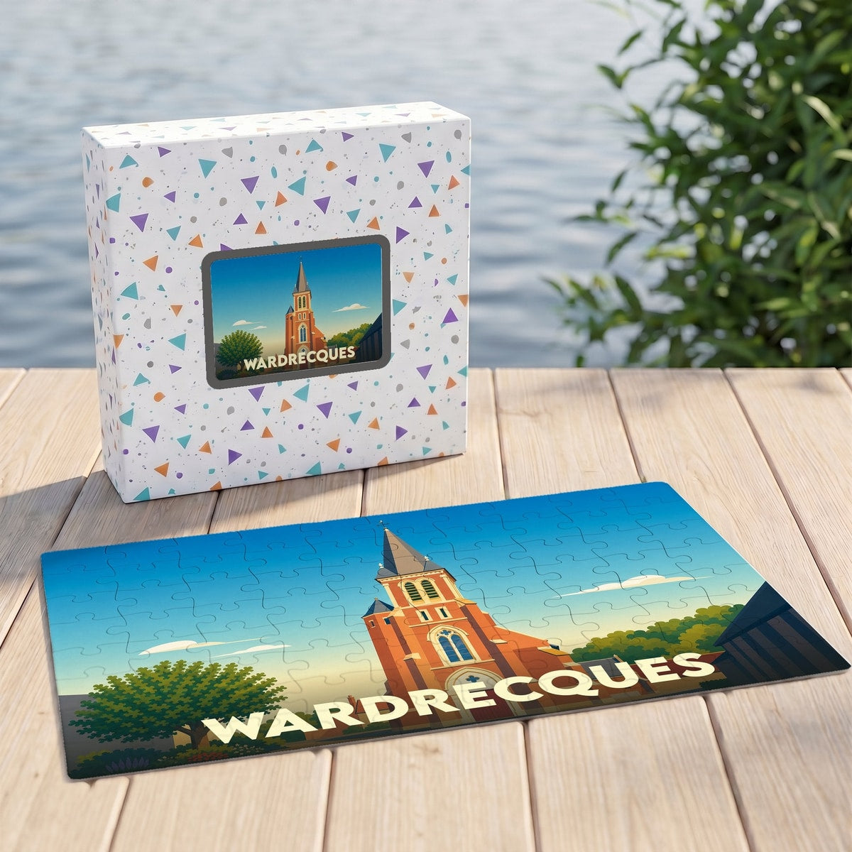 Puzzle souvenir de la ville de Wardrecques avec une illustration stylisée d'une église.