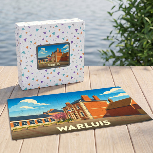 Puzzle souvenir de la ville de Warluis illustrant son patrimoine architectural dans un style coloré.