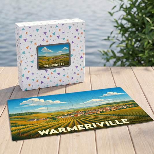 Puzzle souvenir de la ville de Warmeriville représentant un paysage de campagne illustré.