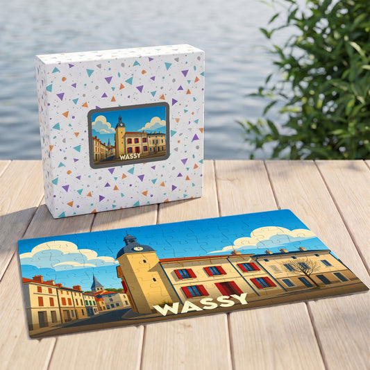 Puzzle souvenir de la ville de Wassy avec une illustration stylisée.