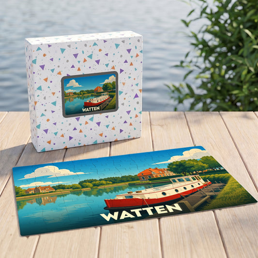 Puzzle souvenir de la ville de Watten avec une illustration stylisée d'une péniche sur l'eau.
