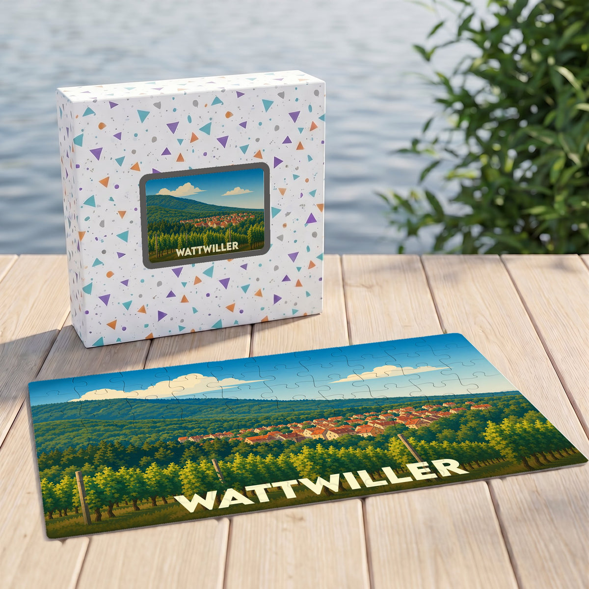 Puzzle souvenir de la ville de Wattwiller avec une illustration stylisée de ses paysages.