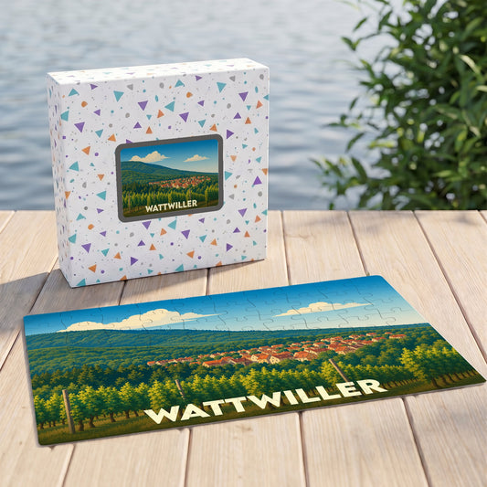 Puzzle souvenir de la ville de Wattwiller avec une illustration stylisée de ses paysages.