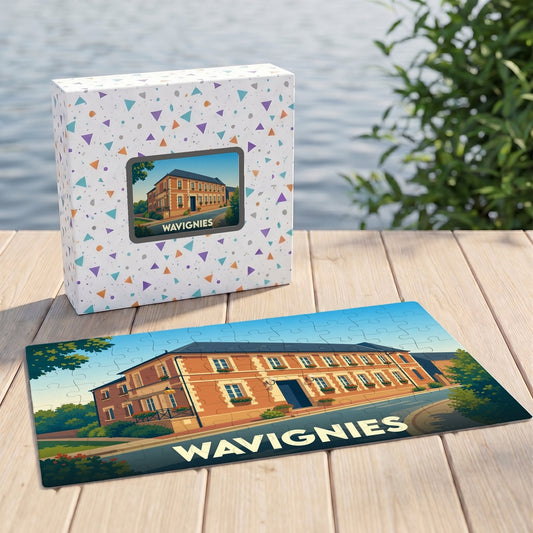 Puzzle souvenir de la ville de Wavignies représentant une illustration stylisée d'un bâtiment traditionnel.