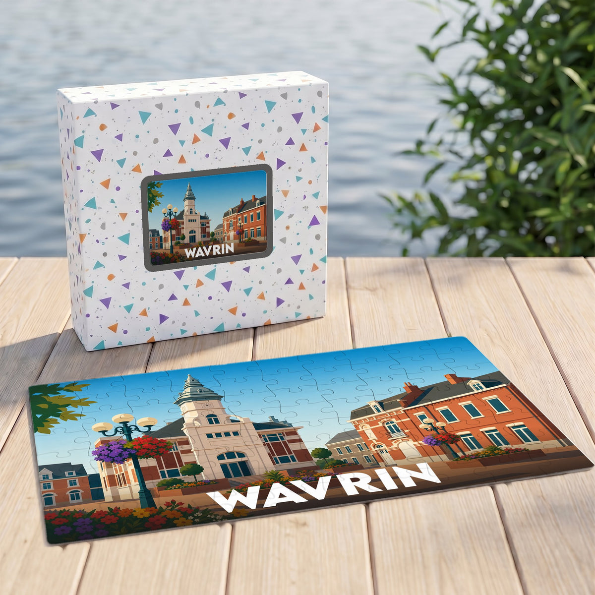 Puzzle souvenir de la ville de Wavrin avec une illustration colorée de son architecture.