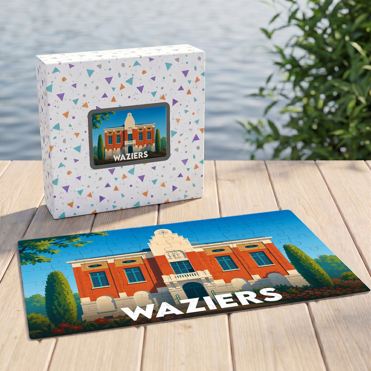 Puzzle souvenir de la ville de Waziers avec une illustration stylisée de son architecture.