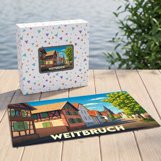 Puzzle souvenir de la ville de Weitbruch illustré d'une rue typique avec ses maisons à colombages.