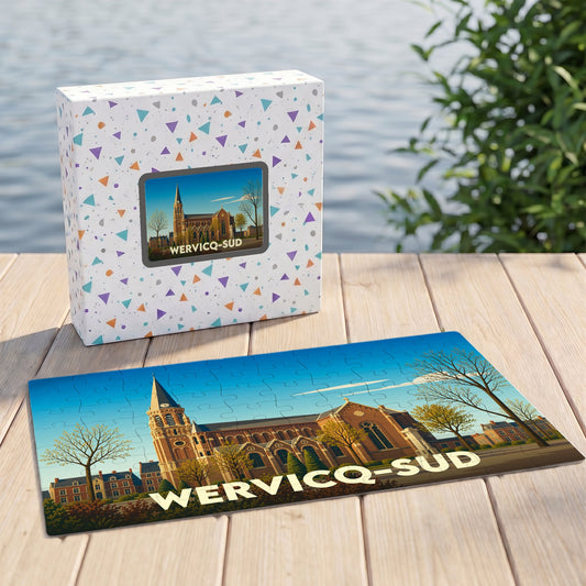 Puzzle souvenir de la ville de Wervicq-Sud avec une illustration stylisée de son église et de son architecture.