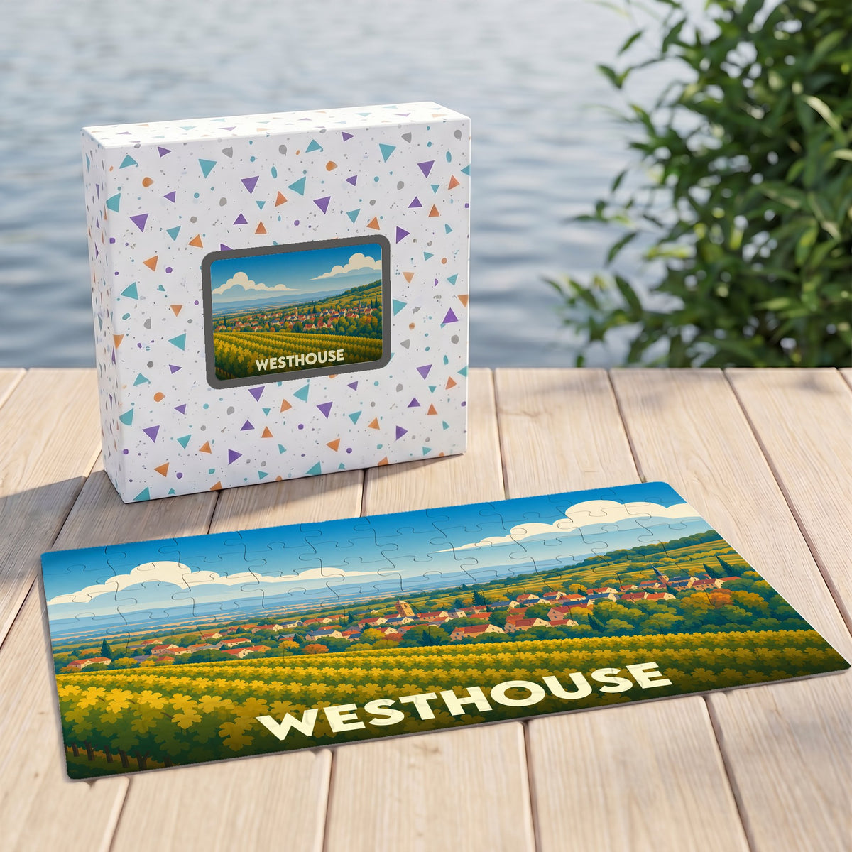 Puzzle souvenir de la ville de Westhouse avec une illustration stylisée de ses paysages et vignobles.